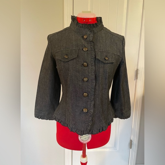 Sandro Petite Dark Gray Denim Ruffle Trimmed Military Style Jacket - Picture 5 of 9